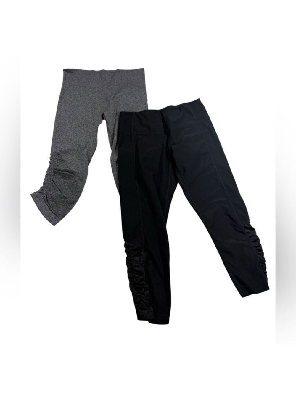 Bundle of 2 Cropped Leggings SzSm Black Gray Rouched Side Hem